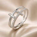White Gold Double-Layer Cross Zirconia Ring
