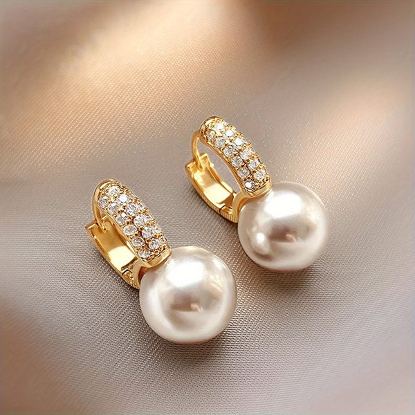 Pearl Huggie Drop Earrings with Pavé Detailing