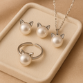 Elegant Pearl Cat Necklace with Complimentary Earrings and Ring Set