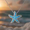 Silver Necklace with Shimmering Blue Starfish and Opal