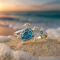 Silver Ring with Turtle and Blue Opal
